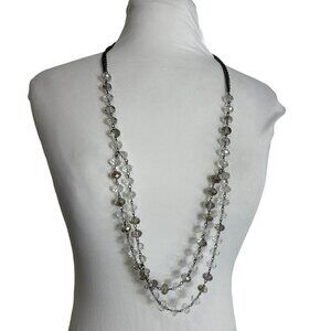Silver Toned Crystal Beaded Double Tier Necklace 36" Classic Basic